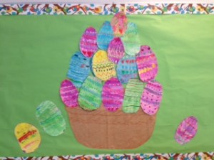 We used pastels to pattern our eggs, and then we gave them a watercolour wash.